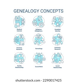 Genealogy blue concept icons set. Family roots. Genetic disorders. Inheritance idea thin line color illustrations. Isolated symbols. Editable stroke. Roboto-Medium, Myriad Pro-Bold fonts used