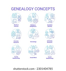 Genealogy blue gradient concept icons set. Family roots. Genetic disorders. Inheritance idea thin line color illustrations. Isolated symbols. Roboto-Medium, Myriad Pro-Bold fonts used