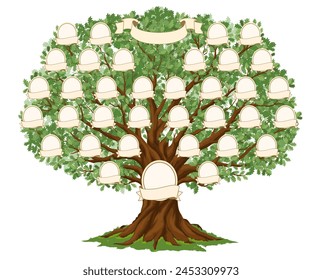 Genealogy family tree for ancestry history with photo frames on branches, vector template. Family tree with parents relationship connection and blank picture frames with name ribbons for genealogy