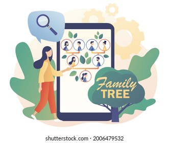 Genealogy online. Family tree in smartphone app. Tiny people: grandparents, parents, children. Pedigree. Example of relatives connection data. Modern flat cartoon style. Vector illustration 