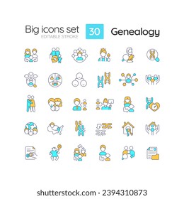 Genealogy RGB color icons set. Family roots. Hereditary disorders. Ancestors and descendants. Lineage. Isolated vector illustrations. Simple filled line drawings collection. Editable stroke