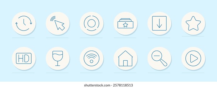 General actions set icon. Clock, arrow, pointer, star, folder, house, play button, search, high definition, wireless. Represent navigation, media, and technology tools