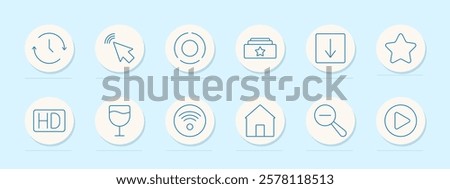 General actions set icon. Clock, arrow, pointer, star, folder, house, play button, search, high definition, wireless. Represent navigation, media, and technology tools