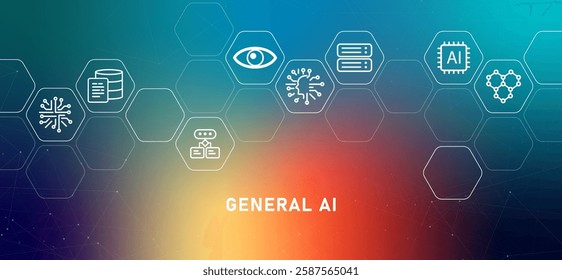 General AI gradient header deep learning machine development adaptive system futuristic technology artificial intelligence decision-making data analysis algorithm icon design illustration