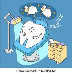 General Anesthesia. Cartoon Tooth Sleep In Dental Chair. Stomatology Sedation Concept Or Illustration. Dental Care Or Treatment.