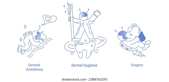 General anesthesia, dental hygiene,surgery. Astronaut in space.Orthodontic care procedure abstract concept vector illustration set. Tooth plate, teeth dentures implant. flat simple