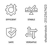 General benefits for any tool icons set - Efficient, Stable, Safe, Versatile. Pictograms for labeling, thin line