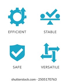 General benefits for any tool icons set - Efficient, Stable, Safe, Versatile. Pictograms for labeling, flat monochrome style