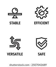 General benefits for any tool icons set - Efficient, Stable, Safe, Versatile. Pictograms for labeling, bold lines