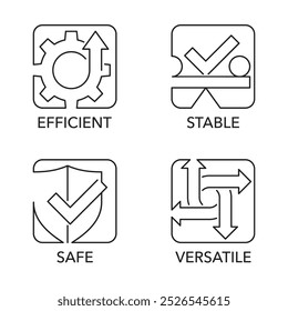 Benefícios gerais para qualquer conjunto de ícones de ferramenta - Eficiente, Estável, Seguro, Versátil. Pictogramas para rotulagem, linhas finas, formas quadradas