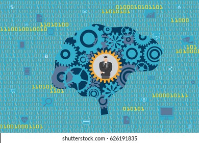 General Business and Management concept. A Businessman in mechanical gears inside a brain with digital data and technology icons floating as background.