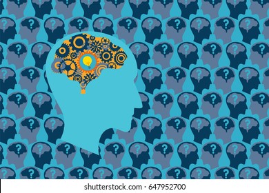 General Business and Management concept. Many human heads with brain and question mark or problem inside meeting, talking and communicate to each other to find the solution and conclusion.