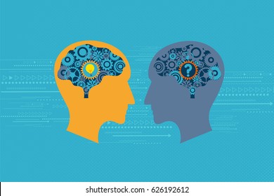 General Business and Management concept. Two heads talking to each others. One has question mark inside the brain while another has light bulb inside the brain.