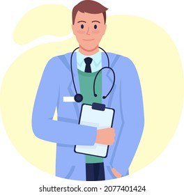 General Care Doctor Semi Flat Color Vector Character. Posing Figure. Full Body Person On White. Post Covid Syndrome Isolated Modern Cartoon Style Illustration For Graphic Design And Animation