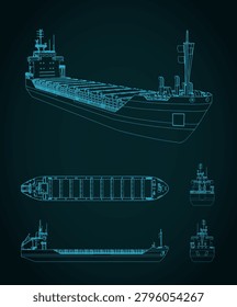 General cargo ship technical drawing and 3D wireframe model on blue background: stylized vector illustration for logistics, bulk shipping and maritime transport industry
