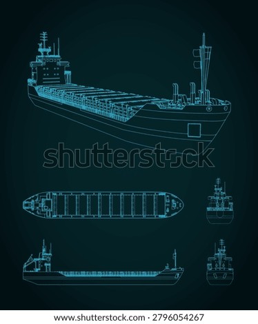 General cargo ship technical drawing and 3D wireframe model on blue background: stylized vector illustration for logistics, bulk shipping and maritime transport industry
