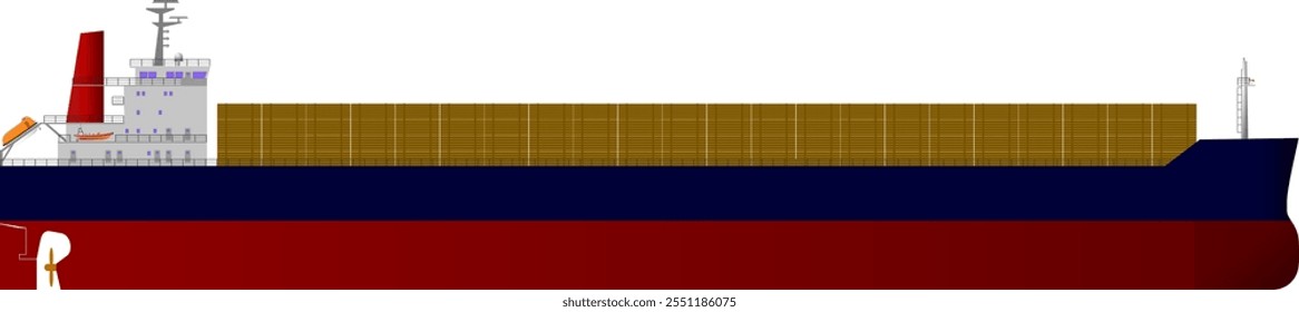 General Cargo Ship with Timber Deck Cargo. Side profile of a general cargo vessel carrying bulk timber. Isolated vector illustration.