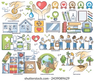 General charity related elements and volunteer support outline collection set. Labeled items with financial, food, medical or environmental assistance vector illustration. Community sharing aid.