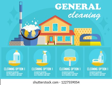 General Cleaning Concept. Dry Cleaning. Cleaning Business. Bucket, Brush, Mop and Detergent. Advertising Banner Cleaning Service. Disinfection at Home. Detergent Foam. Vector Flat Illustration.
