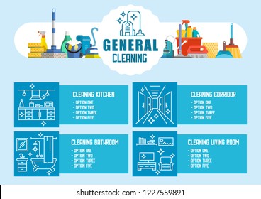 General Cleaning Concept. Dry Cleaning. Cleaning Business. Bucket, Brush, Mop and Detergent. Advertising Banner Cleaning Service. Disinfection at Home. Detergent Foam. Vector Flat Illustration.