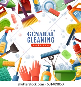 General cleaning frame with dishware brushes wipes mops soaps chemical detergents on white textured background vector illustration