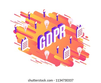 General data protection regulation agreement GDPR trendy background template with orange gradient abstract round shapes flow, light bulbs and planner calendar. Vector modern poster banner illustration