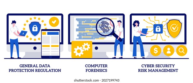 General data protection regulation, computer forensics, cyber security risk management concept with tiny people. Information control and security abstract vector illustration set.