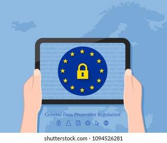 General Data Protection Regulation concept with map of Europe in the background. Hand holding tablet with lock symbol and EU flag on its screen display.