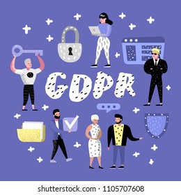 General Data Protection Regulation Concept With Characters. GDPR Principles For The Processing Of Personal Data. Vector Illustration