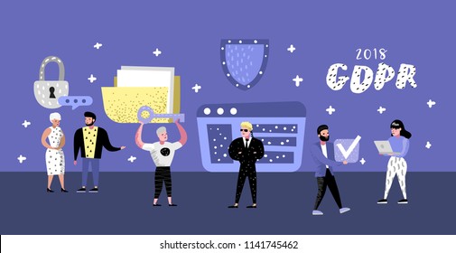 General Data Protection Regulation Concept With Characters For Poster, Banner. GDPR Principles For The Processing Of Personal Data. Vector Illustration