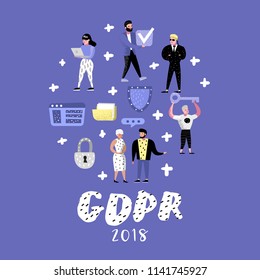 General Data Protection Regulation Concept With Characters. GDPR Principles For The Processing Of Personal Data. Vector Illustration