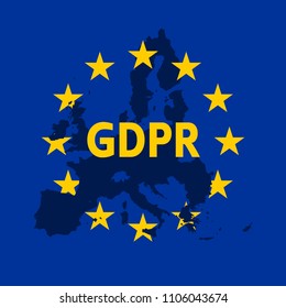 General Data Protection Regulation. EU flag with GDPR label and Europe map silhouette. Vector illustration.