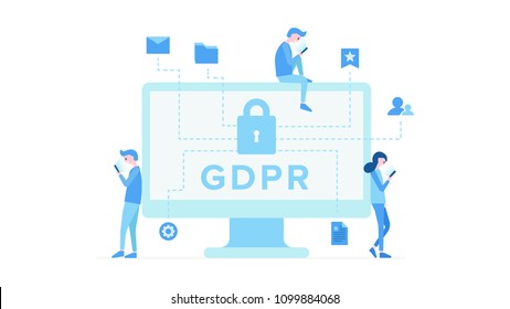 General Data Protection Regulation flat poster with big lock on pc screen and settings mail documents icons. Cartoon boys and girl near monitor using smartphone vector illustration. Security concept