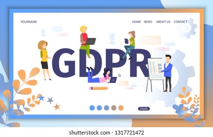 General Data Protection Regulation Flat Vector Web Banner. Internet Users Using Computers, Surfing Online, Business Owners Collecting Data Illustration. Law Regulation Consulting Agency Landing Page