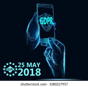 General Data Protection Regulation (GDPR) on mobile phone of polygons. Business concept of data protection. Low poly vector illustration of a starry sky or Cosmos. 