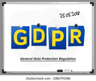 General Data Protection Regulation (GDPR). Four letters made from newspaper attached to a whiteboard or noticeboard with magnets. Concept illustration. Vector.