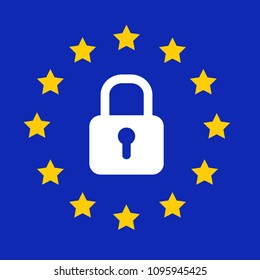 General Data Protection Regulation GDPR concept, white padlock on blue with yellow stars ring, Europe security symbol, vector icon