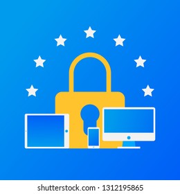 General Data Protection Regulation (GDPR) padlock, computer, tablet, smartphone  vector illustration on blue gradient background
