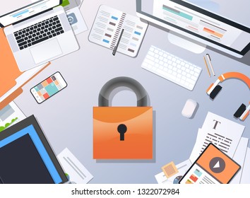 general data protection regulation GDPR concept top angle view desktop padlock privacy information safety and confidential office stuff horizontal
