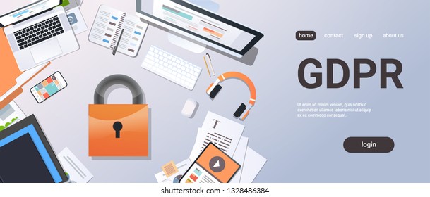 general data protection regulation GDPR concept top angle view desktop padlock privacy information safety and confidential office stuff horizontal copy space