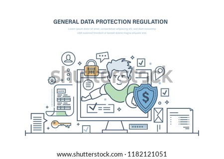 General Data Protection Regulation. GDPR. Guaranteed safe protection and encryption of personal data, work mail, cryptographic secutiry, confidentiality of information. Illustration thin line design.