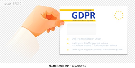 General Data Protection Regulation. Hand with transparent sleeve holds the white envelope with a GDPR abbreviation and stars of EU. Design of banner about new cyber conditions for business in Europe. - Powered by Shutterstock - Get 15% off with code: PIKWIZARD15