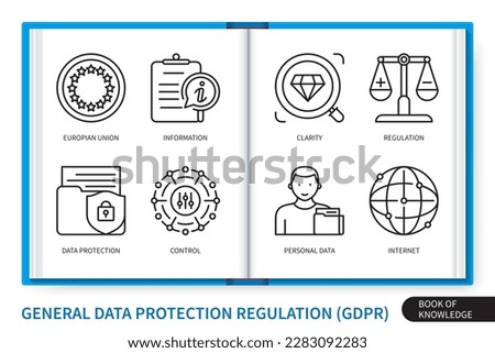 General data protection regulation infographics elements set. European union, data protection, control, personal data, clarity, regulation, information, internet. Web vector linear icons collection