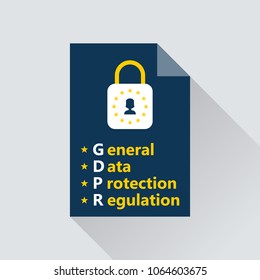 General data protection regulation law illustration with flat design paper, lock and personal data icon.