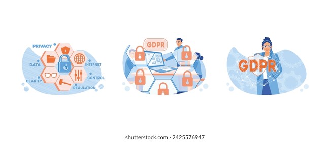 General Data Protection Regulation. Man with laptop set general data protection. Processing of personal data. GDPR Concept. Set flat vector illustration. 