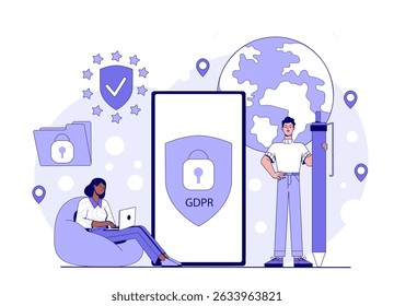 Regulamento Geral sobre a Proteção de Dados. Homem com lápis e mulher perto de smartphone com escudo gdpr. Tecnologia de computação e de negócios. Proteção de dados pessoais. Ilustração de vetor linear