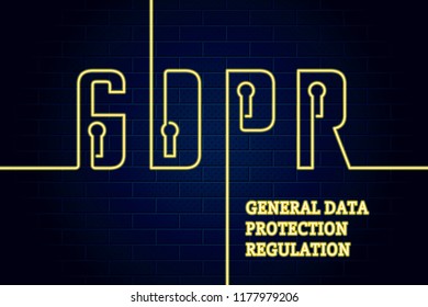 General Data Protection Regulation Neon Wire Style Creative Concept Logo with Lock Sign Design GDPR Lettering - Yellow Elements on Blue Brick Wall Background - Vector Mixed Graphic