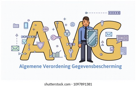 General Data Protection Regulation in Netherlands. Man with a shield in front of big AVG letters among internet and social media symbols. GDPR, DSGVO, AVG, DPO. Flat vector illustration. Horizontal.