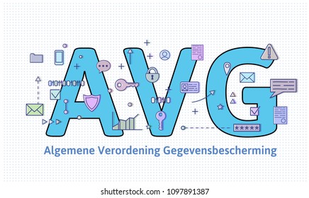 General Data Protection Regulation in Netherlands. Algemene verordening gegevensbescherming. Big AVG letters among internet and media symbols. GDPR, AVG, DSGVO. Flat vector illustration. Horizontal.