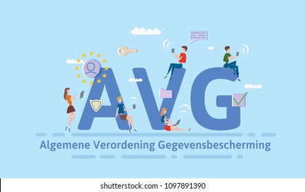 General Data Protection Regulation in Netherlands. People using mobile gadgets and internet devices among big AVG letters. GDPR, AVG, DSGVO. Concept vector illustration. Flat style. Horizontal.
